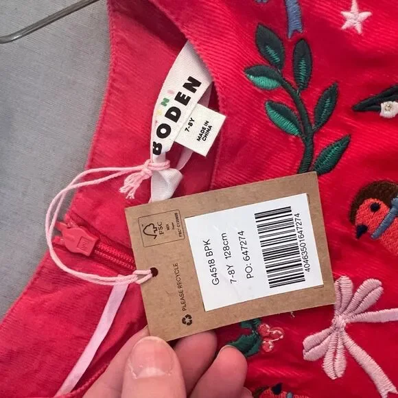 Boden NWT Pop Peony Festive Holiday Embroidered Long Sleeve Corduroy Dress 7-8Y - Picture 5 of 8